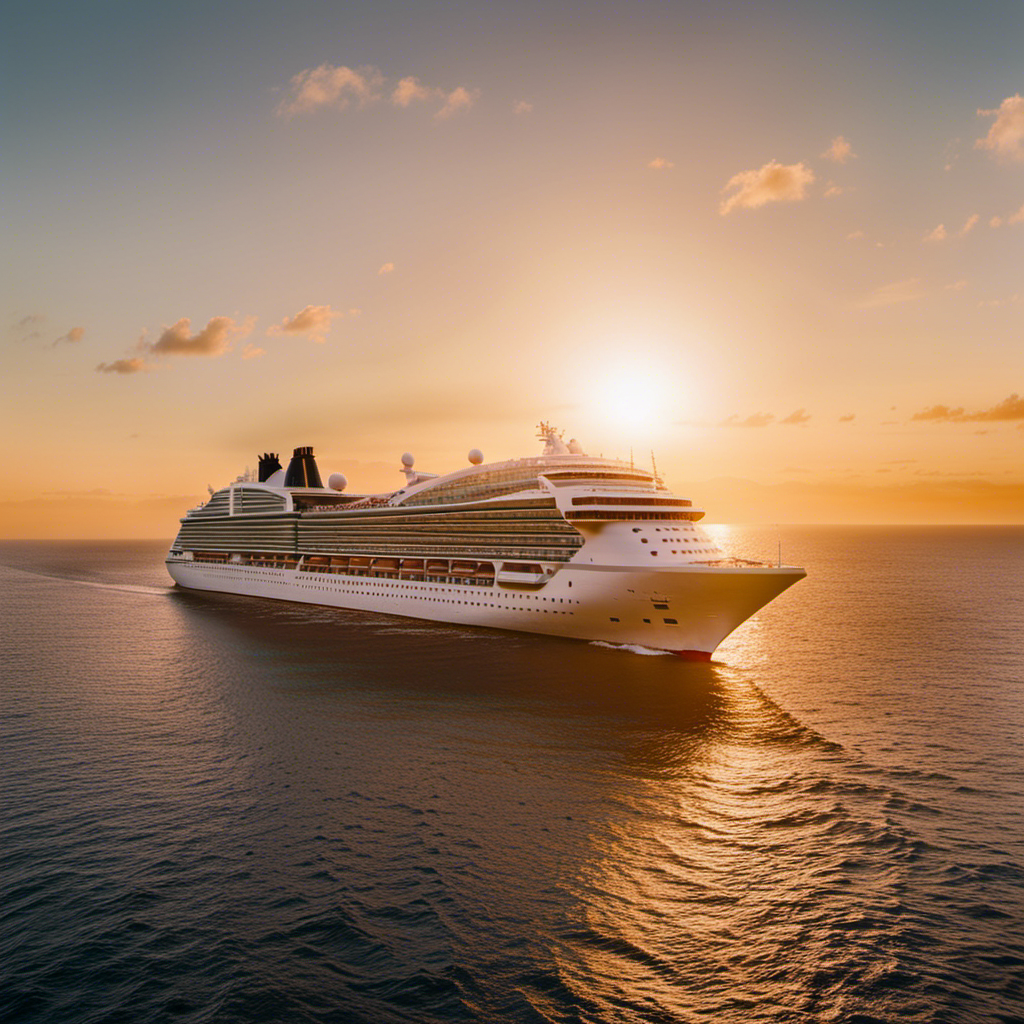An image that showcases a cruise ship gracefully sailing towards a golden sunset, while passengers confidently board, symbolizing the reassurance and flexibility provided by cruise lines' cancellation policies during the challenging coronavirus outbreak