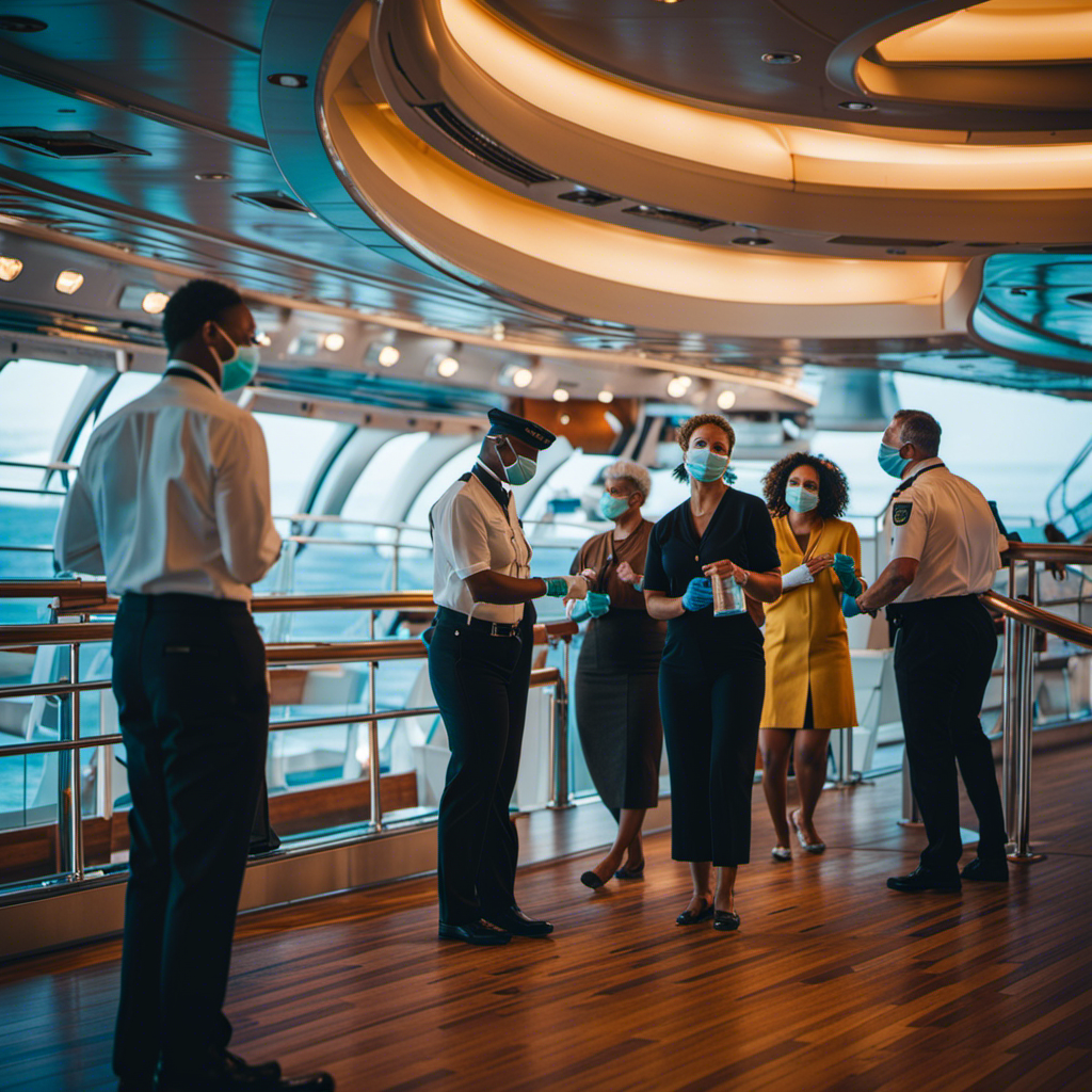 An image showcasing a cruise ship's deck, with passengers and crew wearing masks, maintaining social distancing, and utilizing hand sanitizers, highlighting the implementation of enhanced health and safety protocols during the Omicron outbreak