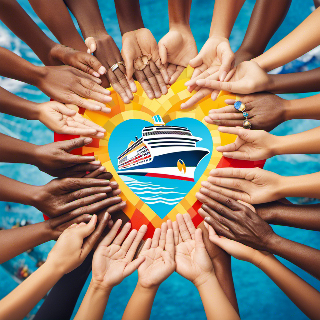 An image showcasing Cruise Line's philanthropic efforts: A vibrant mosaic of diverse hands, united in a circle, symbolizing global community support