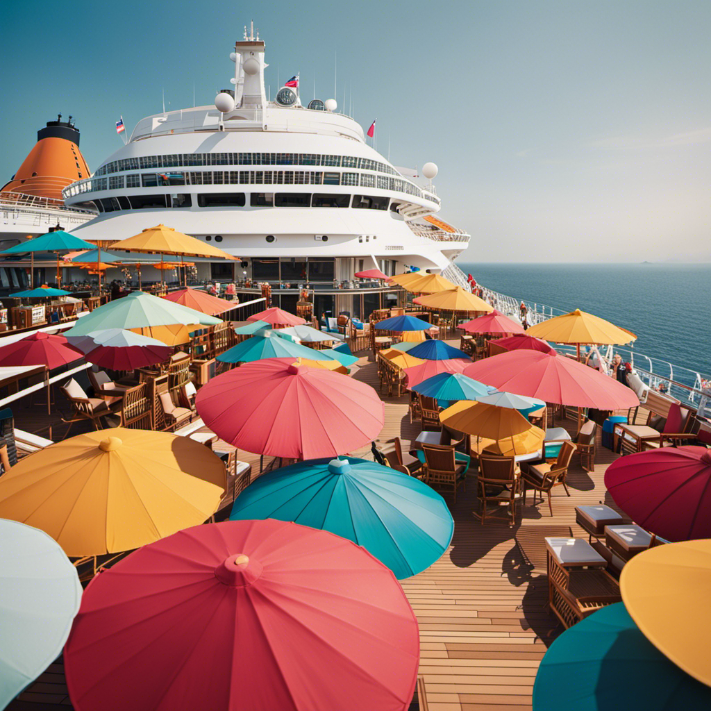 Ate a bustling cruise ship deck adorned with vibrant umbrellas, where contented passengers, sporting sunhats and smiling faces, lounge together in close proximity, symbolizing the renewed sense of safety and freedom that cruise lines embrace after the FDA's Pfizer vaccine approval