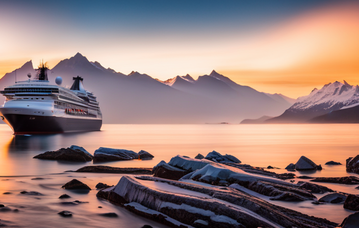 An image featuring a majestic cruise ship navigating through the icy waters of Alaska, surrounded by breathtaking glaciers, snow-capped mountains, and curious wildlife like whales, seals, and eagles