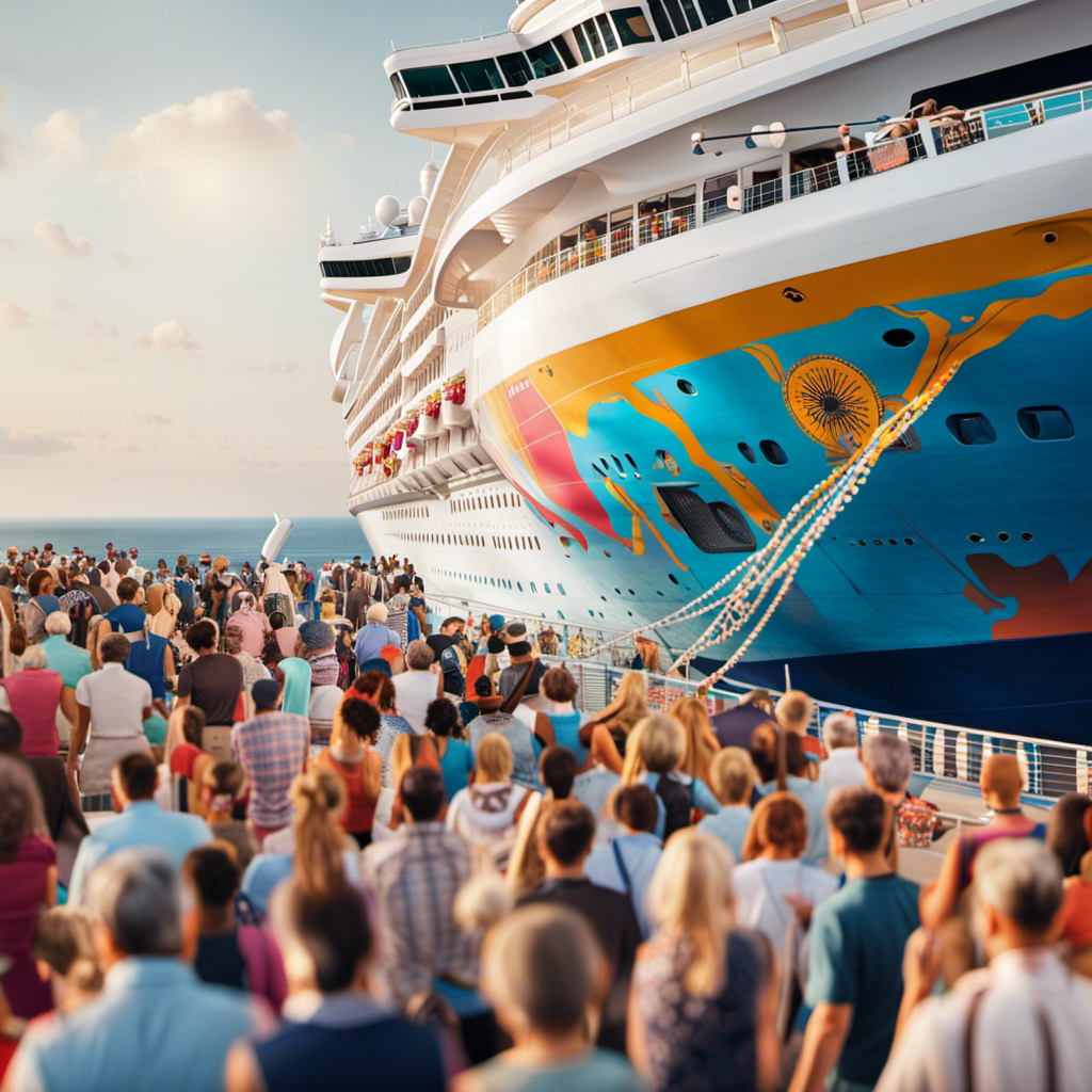 An image that showcases a vibrant cruise ship deck bustling with diverse passengers, all wearing wristbands displaying vaccination symbols