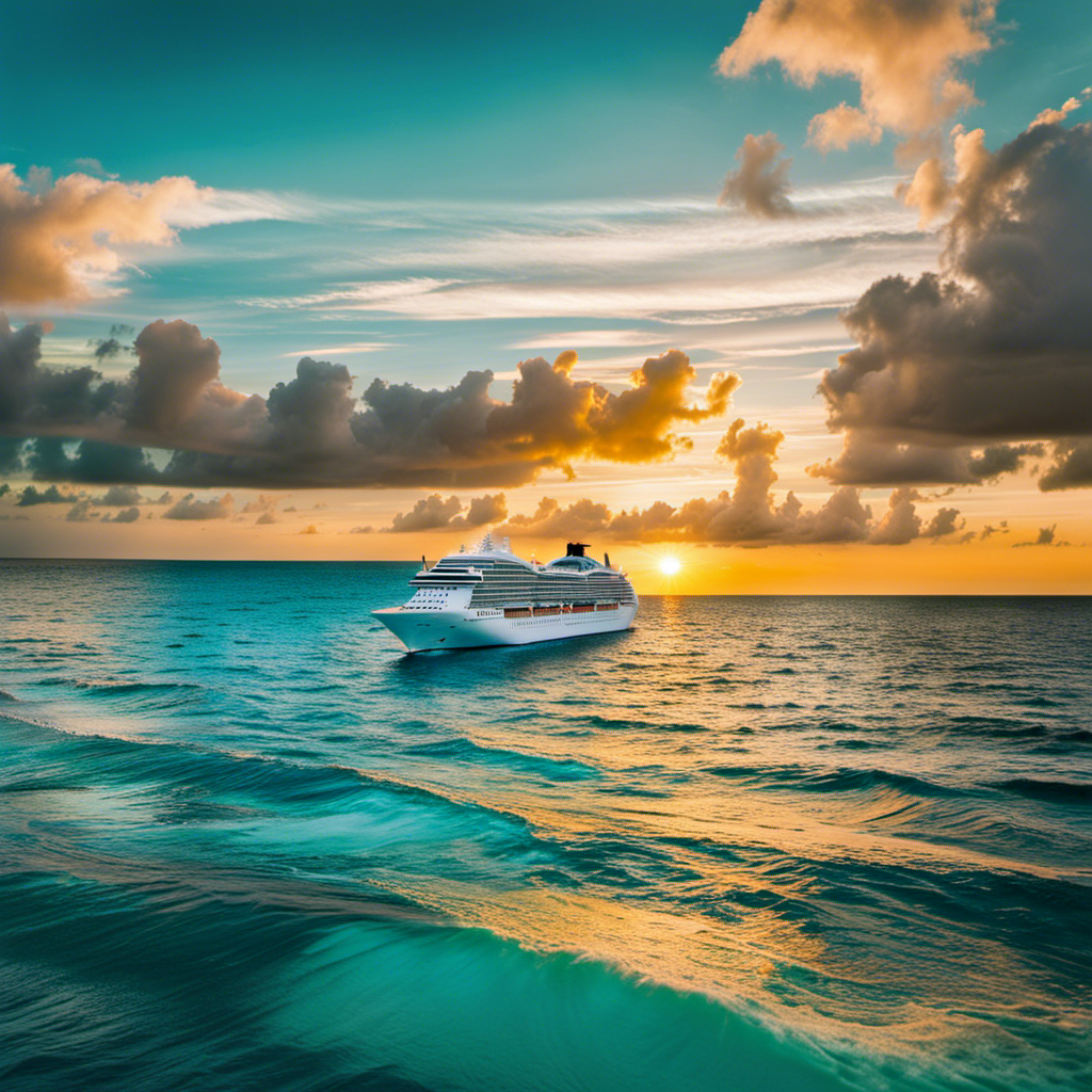 An image capturing the vibrant essence of Cruise Lines' latest offerings: a majestic ship gliding through crystal-clear turquoise waters, surrounded by lush tropical islands, framed by a breathtaking sunset