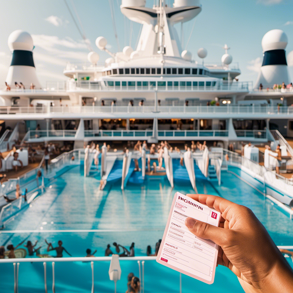 An image showcasing a vibrant cruise ship deck, with diverse passengers joyfully engaging in activities like swimming, dining, and sunbathing, all while proudly displaying their vaccination cards, emphasizing the Cruise Lines' commitment to safer sailing