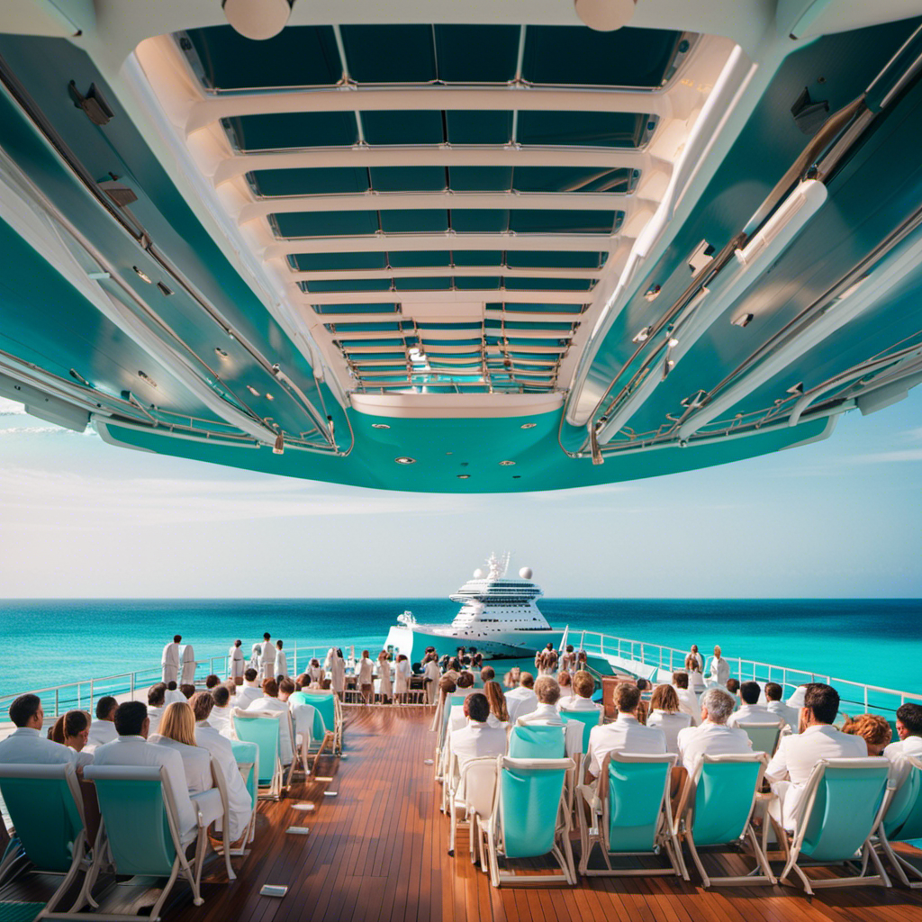 An image depicting a vibrant cruise ship deck, teeming with sun-kissed passengers lounging on deck chairs, while crew members in crisp uniforms attend to their needs, all against a backdrop of a crystal-clear turquoise ocean