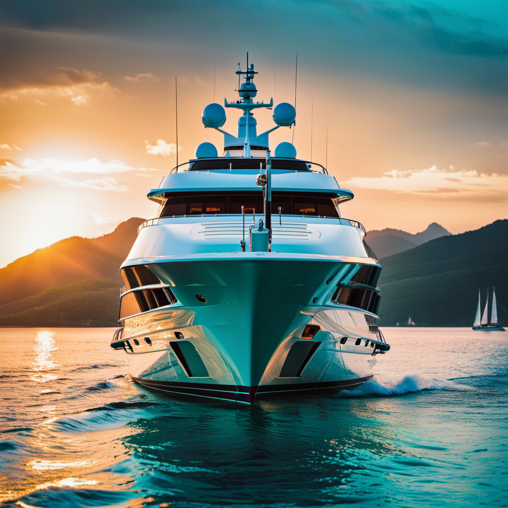 An image capturing a luxurious yacht cruising through crystal-clear turquoise waters, adorned by a breathtaking sunset