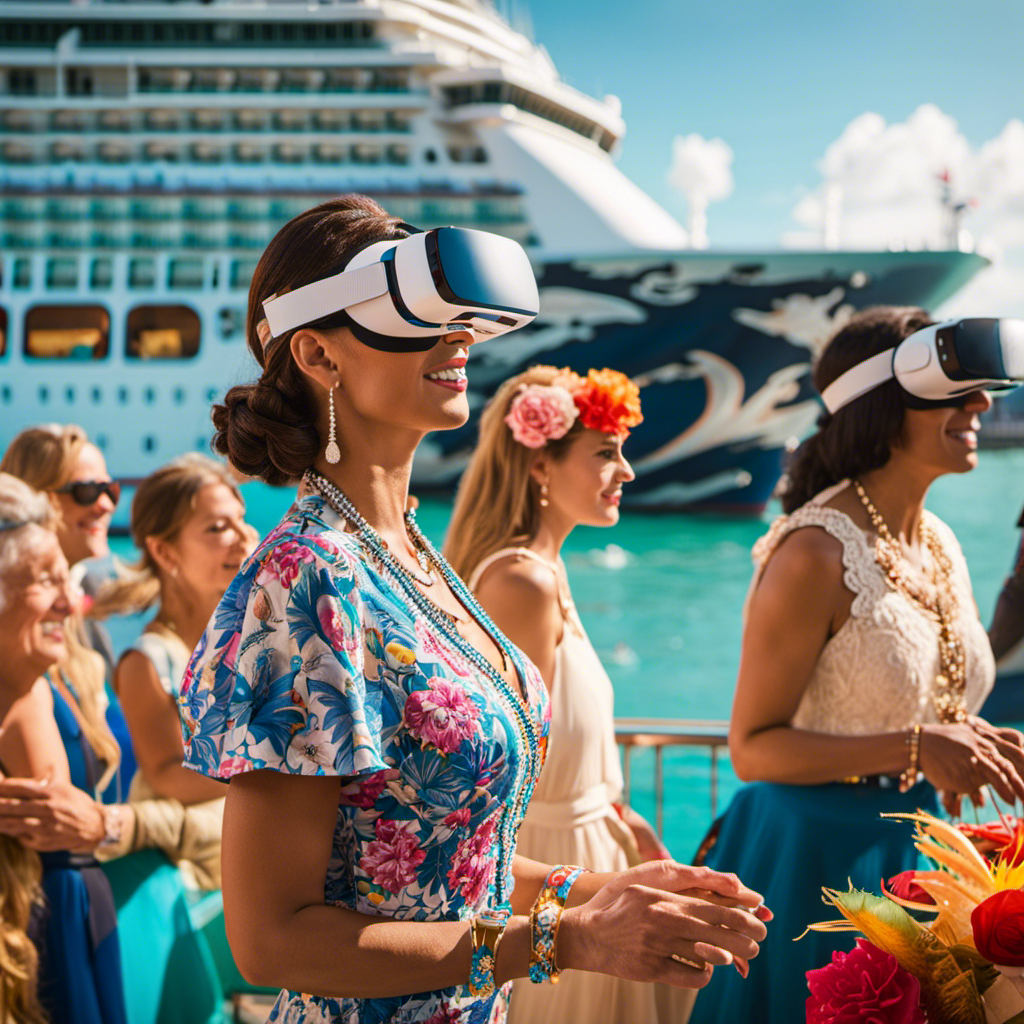 An image showcasing the Empress of the Seas docked in Cuba, with passengers wearing virtual reality headsets, surrounded by vibrant decorations from a King's Day Celebration, while a river cruise ship sails by in the background, commemorating its 25th anniversary