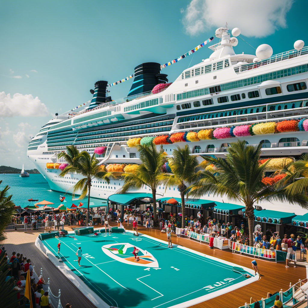 Nt image of a cruise ship docked at a tropical port, adorned with colorful football flags and jerseys, while passengers engage in a friendly game on the deck, surrounded by palm trees and crystal-clear turquoise waters
