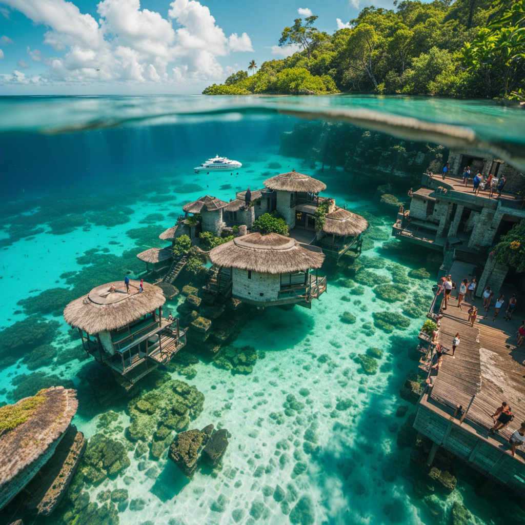 a vibrant scene of cruise passengers diving into crystal-clear turquoise waters, surrounded by ancient Mayan ruins peeking through lush green foliage