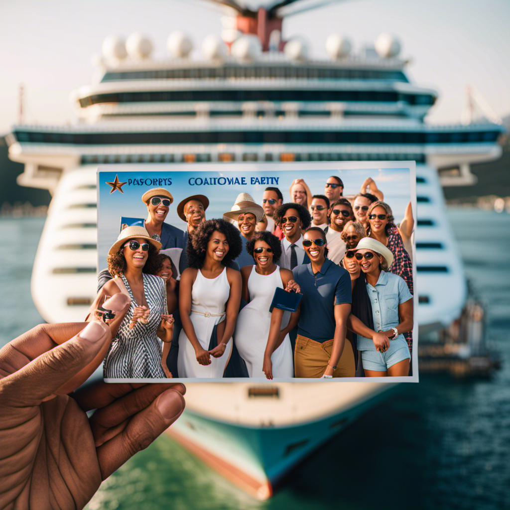 An image depicting a diverse group of people, including Americans and non-citizens, joyfully holding passports in front of a cruise ship backdrop