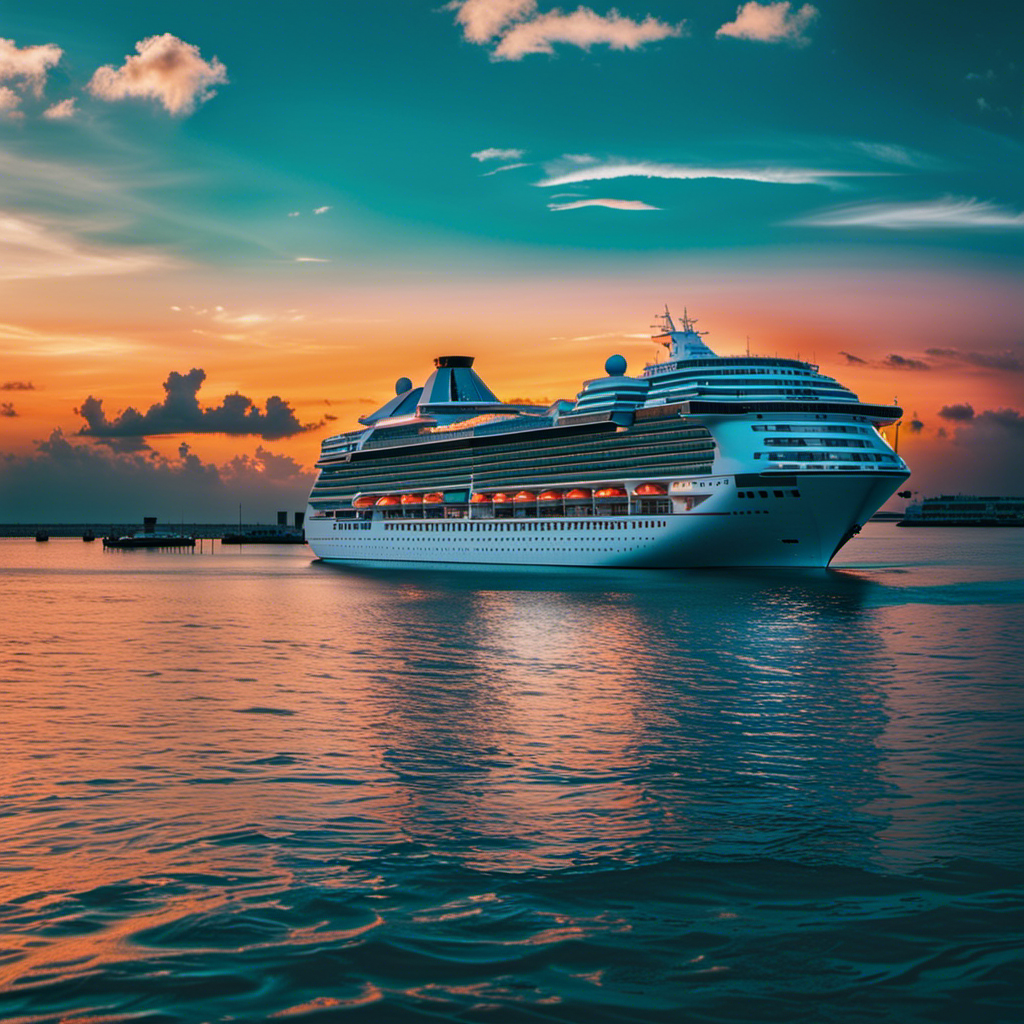 An image showcasing a magnificent cruise ship sailing on calm turquoise waters under a vibrant sunset sky