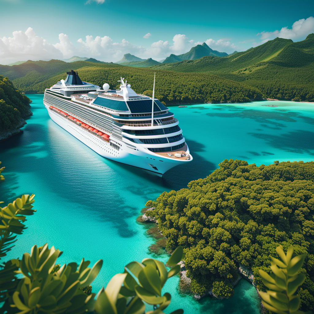 An image showcasing a luxurious cruise ship sailing through crystal-clear turquoise waters, surrounded by vibrant coral reefs