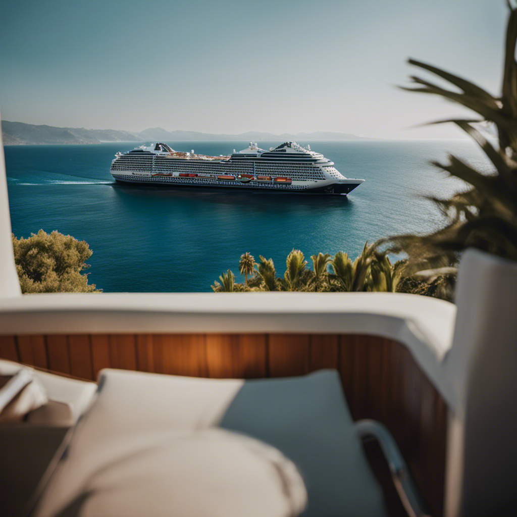 An image showcasing the serene Mediterranean waters, with a luxurious NCL cabin in the foreground