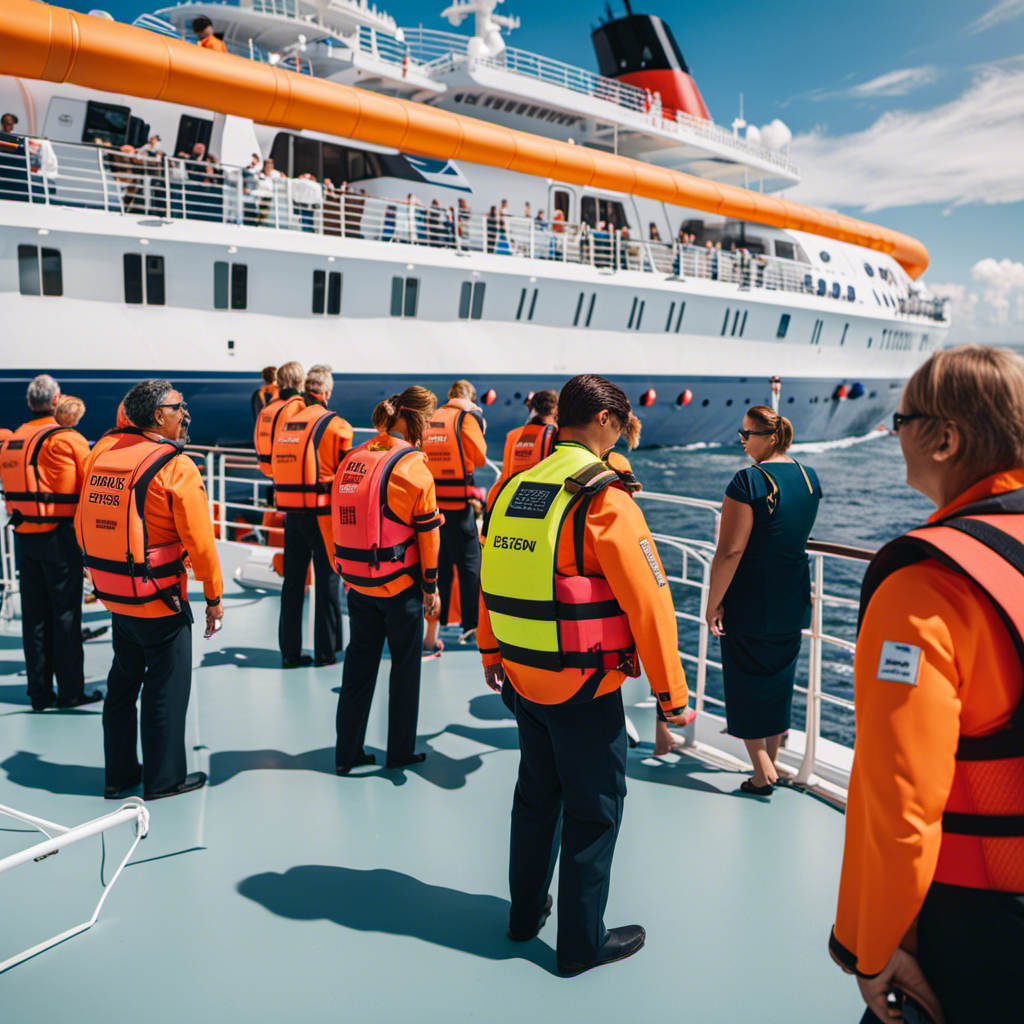 An image showcasing a lifeboat station on a cruise ship, with brightly colored life vests neatly arranged, safety signage displayed, and crew members conducting a safety drill in the background