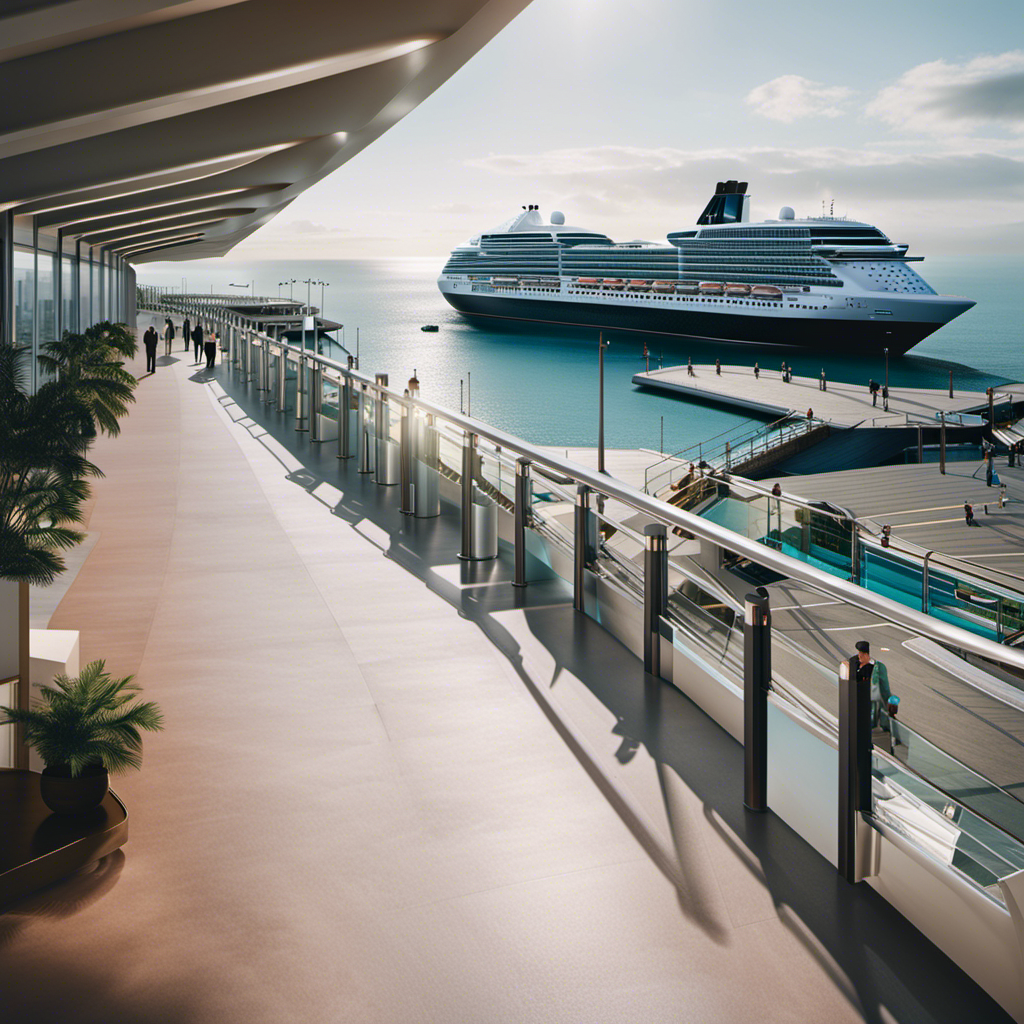 An image featuring a serene cruise ship terminal bustling with contented passengers effortlessly passing through state-of-the-art security checkpoints, adorned with friendly staff, modern technology, and a backdrop of breathtaking ocean views