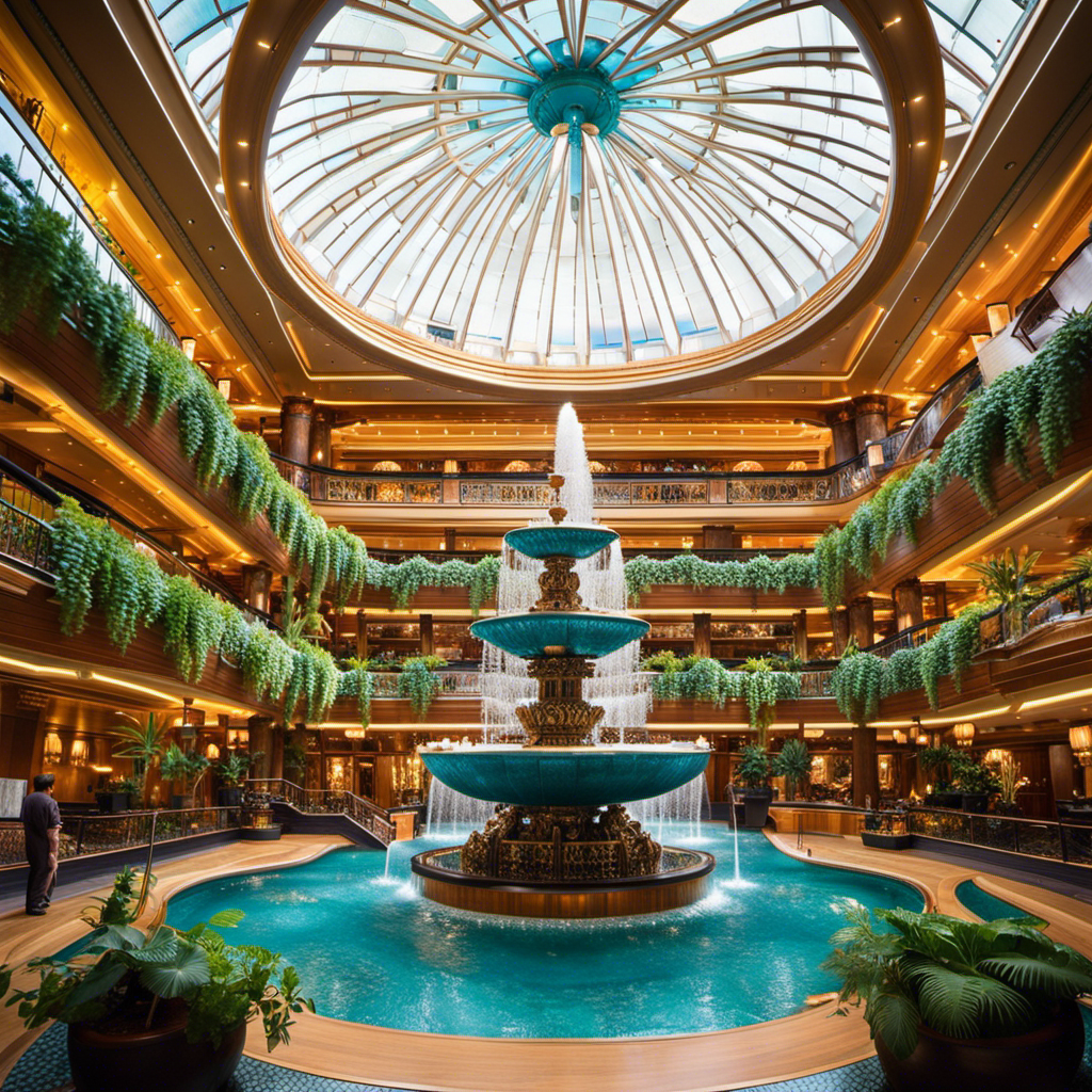 An image capturing the grandeur of a cruise ship atrium adorned with intricate Asian-inspired designs: cascading fountains, shimmering chandeliers, and lush greenery