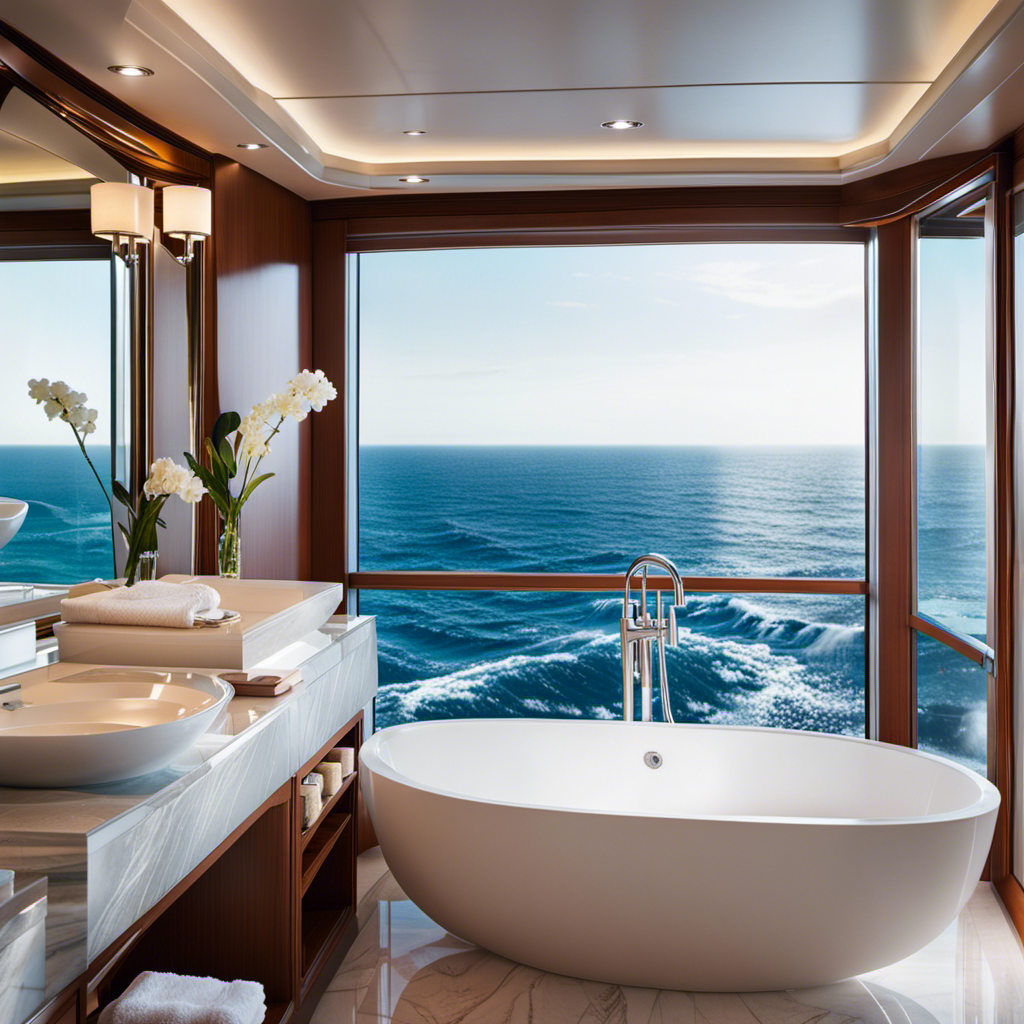 An image showcasing a luxurious cruise ship bathroom: a gleaming marble countertop adorned with plush white towels, a sparkling glass-enclosed shower with rain showerhead, and a deep-soaking bathtub surrounded by panoramic ocean views