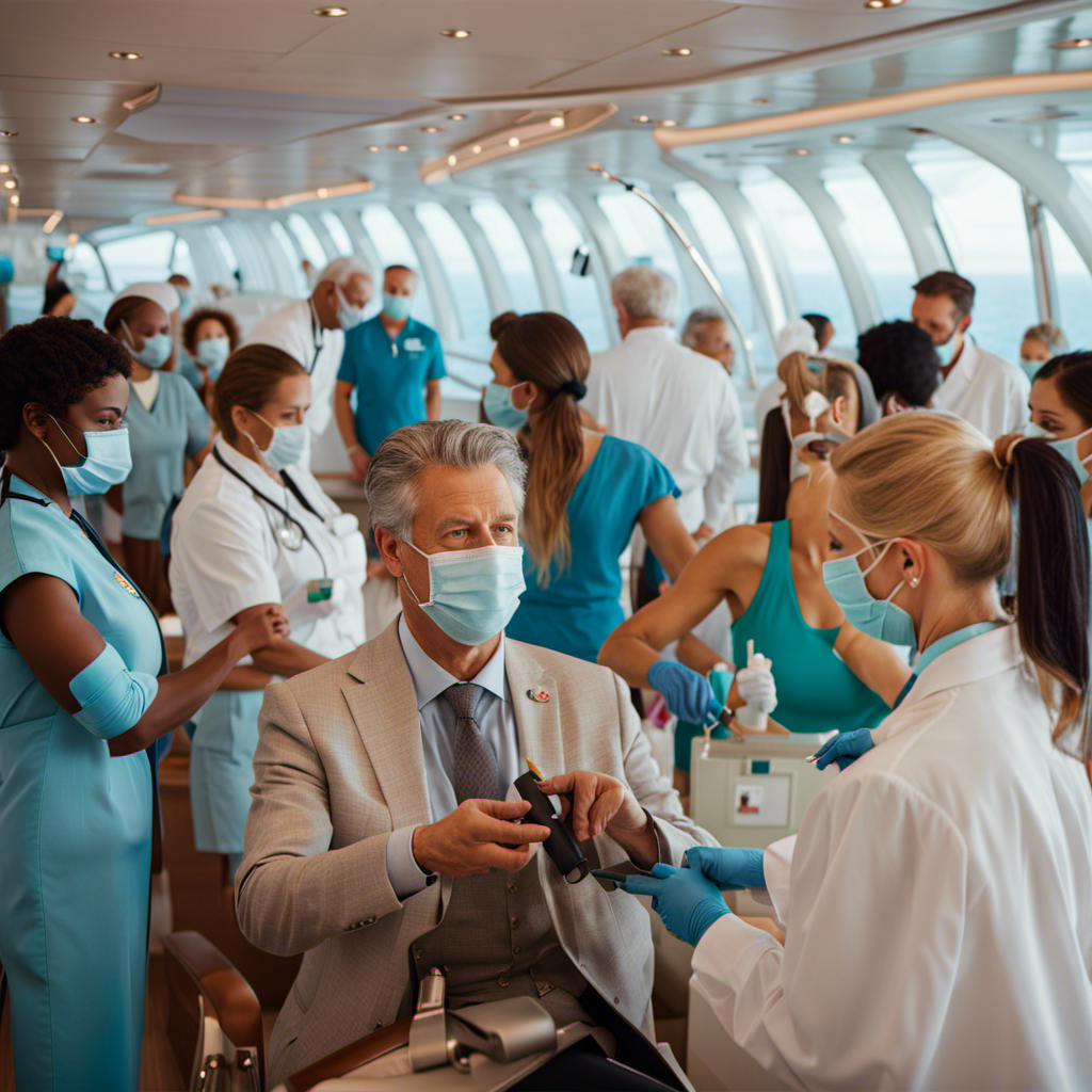 An image showcasing a diverse group of vacationers eagerly receiving booster shots on a luxurious cruise ship deck, while diligent medical professionals monitor the process, highlighting the crucial role of vaccination in combating the Omicron variant and ensuring a safer cruising experience