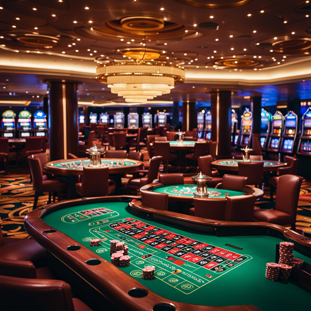 An image showcasing a luxurious cruise ship casino: a bustling room filled with glitzy slot machines, poker tables surrounded by excited players, and the roulette wheel spinning, all against a backdrop of panoramic ocean views