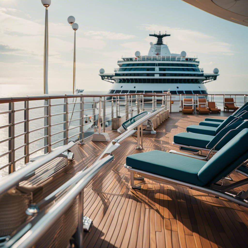 An image showcasing a serene cruise ship deck, adorned with sanitized loungers