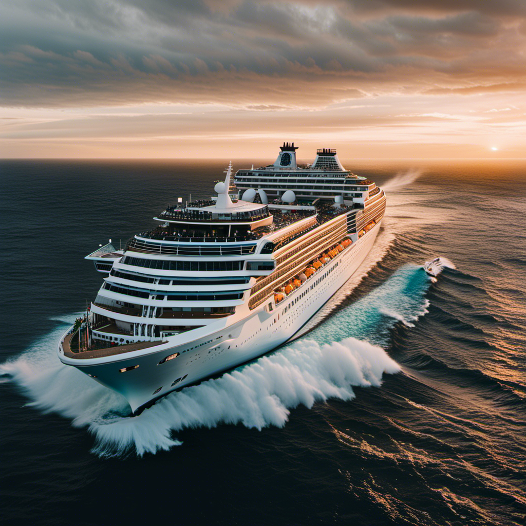 An image showcasing a majestic cruise ship navigating through turbulent waves, surrounded by a serene sunset