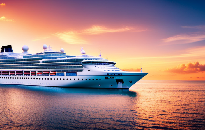 An image showcasing a colossal cruise ship anchored near a picturesque tropical island, surrounded by turquoise waters