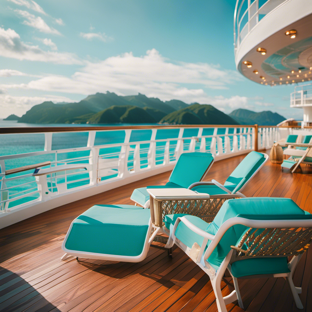 An image showcasing the grandeur of a cruise ship, with its towering decks adorned in vibrant colors, surrounded by crystal-clear turquoise waters