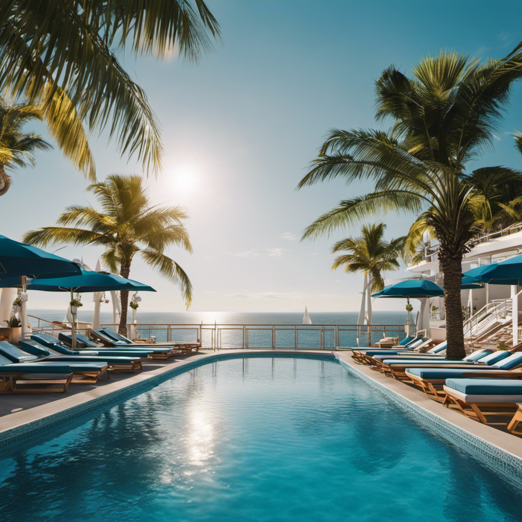 An image showcasing a serene cruise ship pool deck, with vibrant sun loungers, sparkling blue water, and a clean, pristine environment
