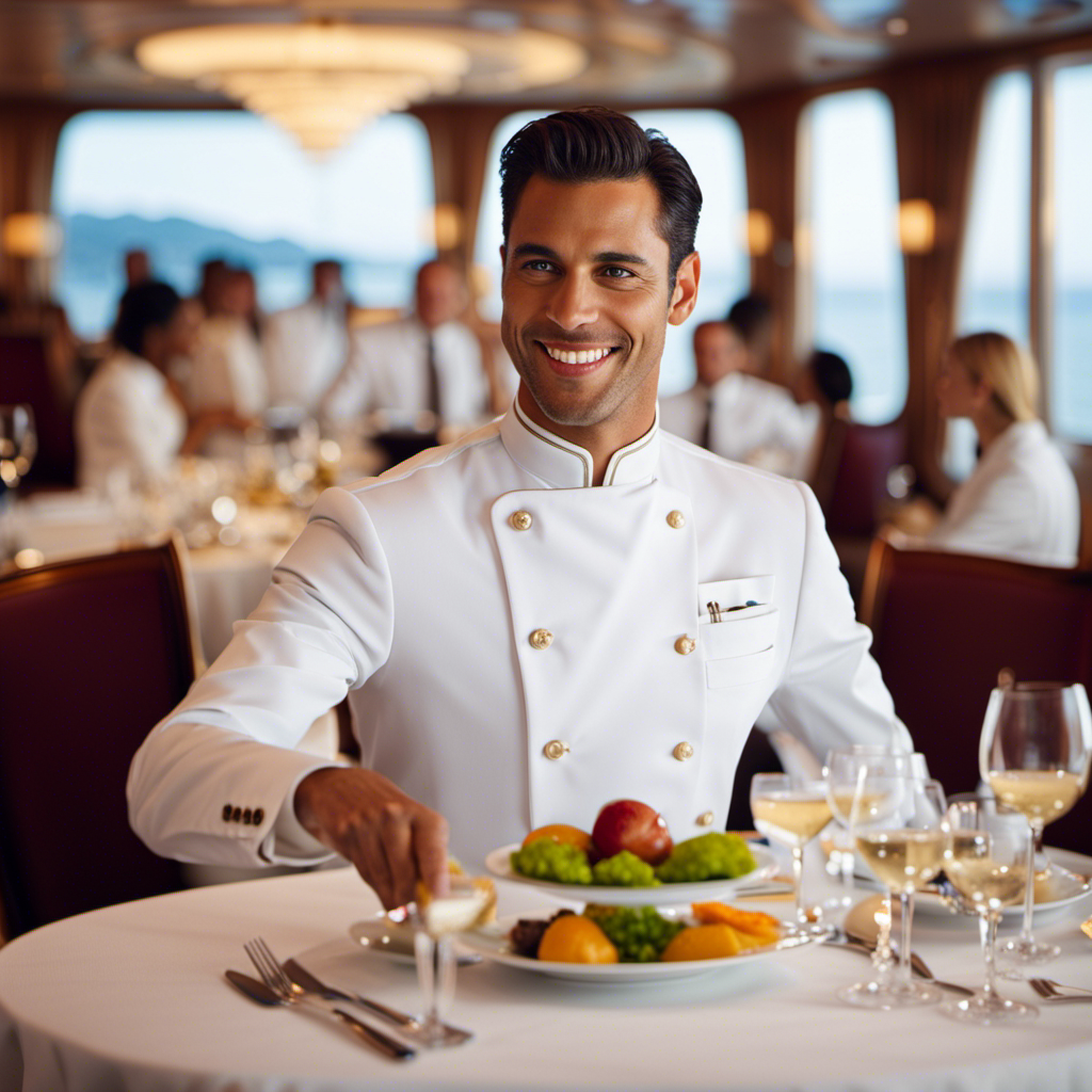 An image showcasing a smiling waiter in a crisp white uniform serving a couple at a beautifully set table on a luxurious cruise ship, highlighting the importance of tipping etiquette