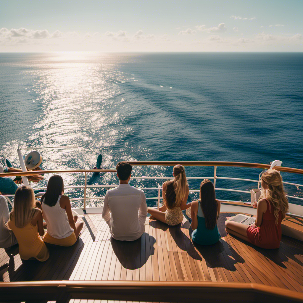 An image showcasing students basking in the sun on the deck of a luxurious cruise ship, engrossed in their studies amidst a backdrop of stunning ocean vistas, while savoring the perfect blend of relaxation and academic pursuit