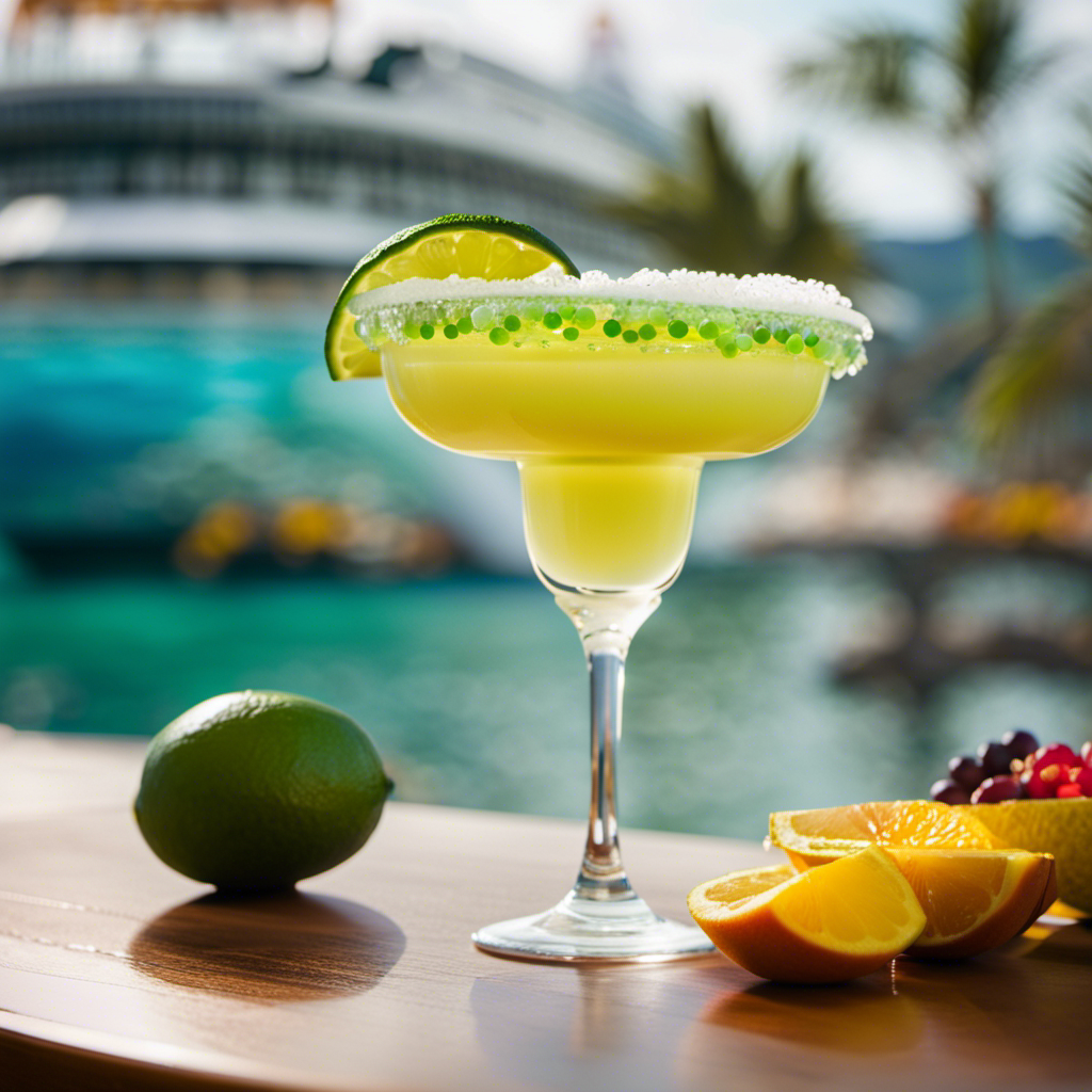 the essence of Mexico's vibrant flavors on a cruise ship: A frosty margarita glass adorned with a salted rim, brimming with a zesty lime-green concoction, surrounded by slices of juicy tropical fruits