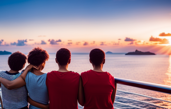 An image capturing the magic of a cruise ship journey: a group of diverse individuals, hand in hand, gazing at a breathtaking sunset over the vast ocean, their smiles revealing the cherished memories and everlasting bonds formed onboard