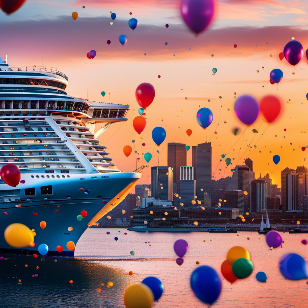 An image showcasing a majestic cruise ship sailing against a vibrant sunset backdrop, its deck adorned with colorful balloons and confetti, while a looming shadow of the Omicron variant subtly hovers overhead