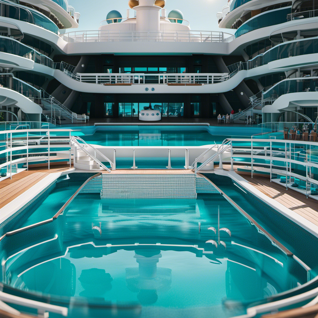 An image showcasing a luxurious cruise ship pool, complete with crystal-clear turquoise water, multiple levels, water slides, and safety features such as lifeguards, handrails, and accessible ramps for all passengers