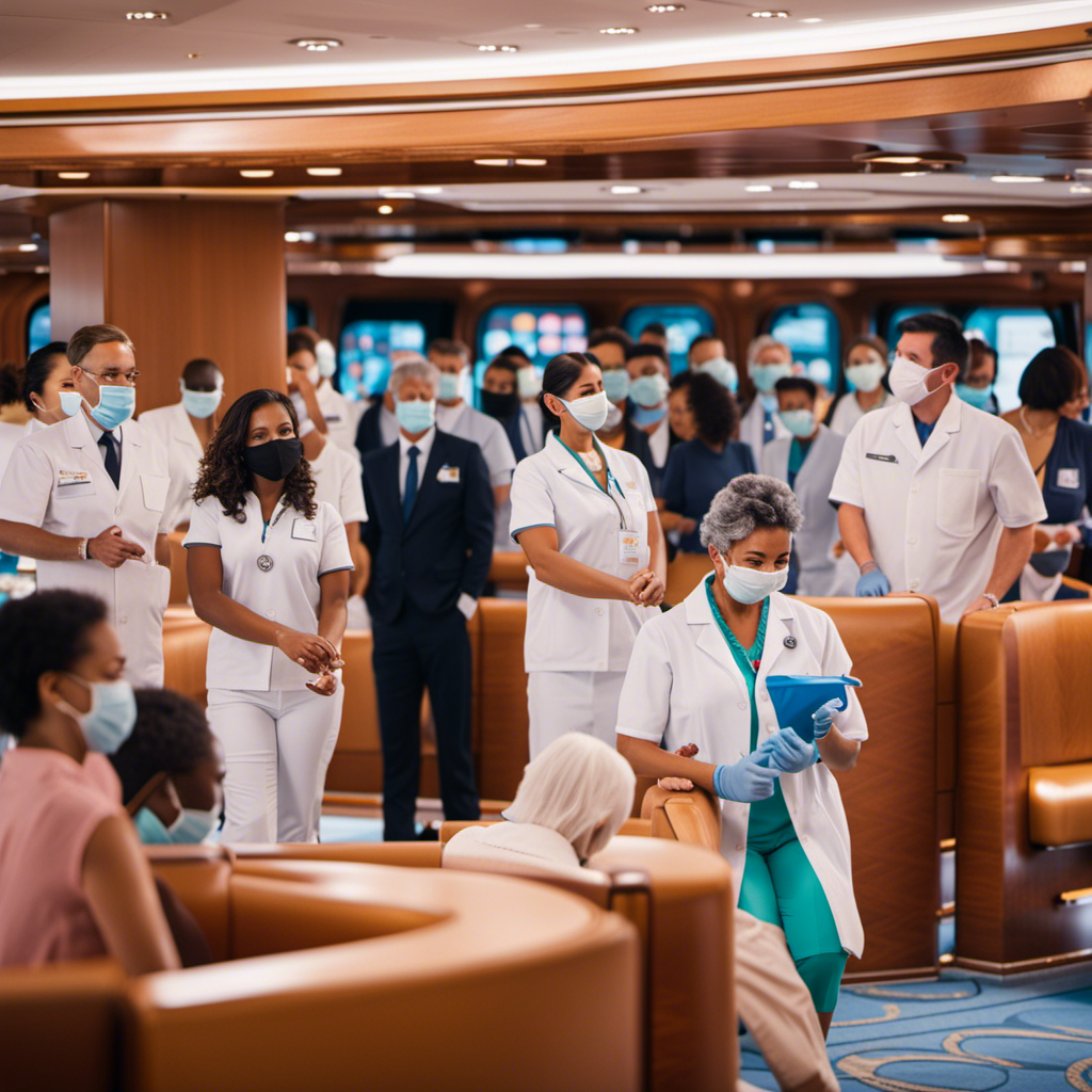 An image showcasing a diverse group of passengers aboard a cruise ship, wearing face masks and receiving vaccinations