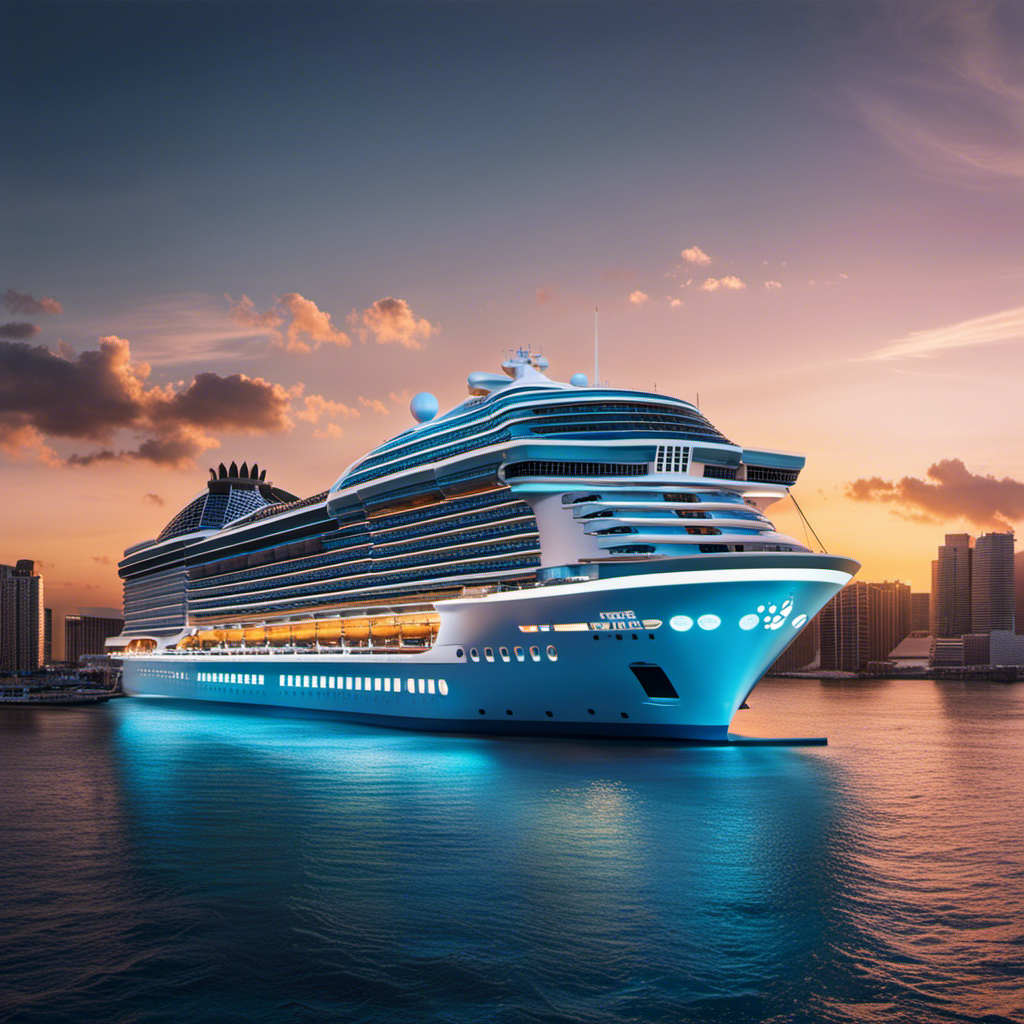 An image capturing the awe-inspiring sight of a newly designed cruise ship, adorned with futuristic features like transparent underwater viewing decks, rooftop gardens, and an extravagant water park, revolutionizing the cruising experience in 2022