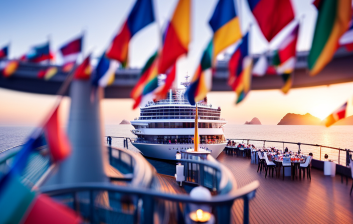 An image showcasing a lively cruise ship deck, adorned with colorful flags representing different nations, as excited passengers gather around large screens, cheering and celebrating the World Cup in a festive atmosphere