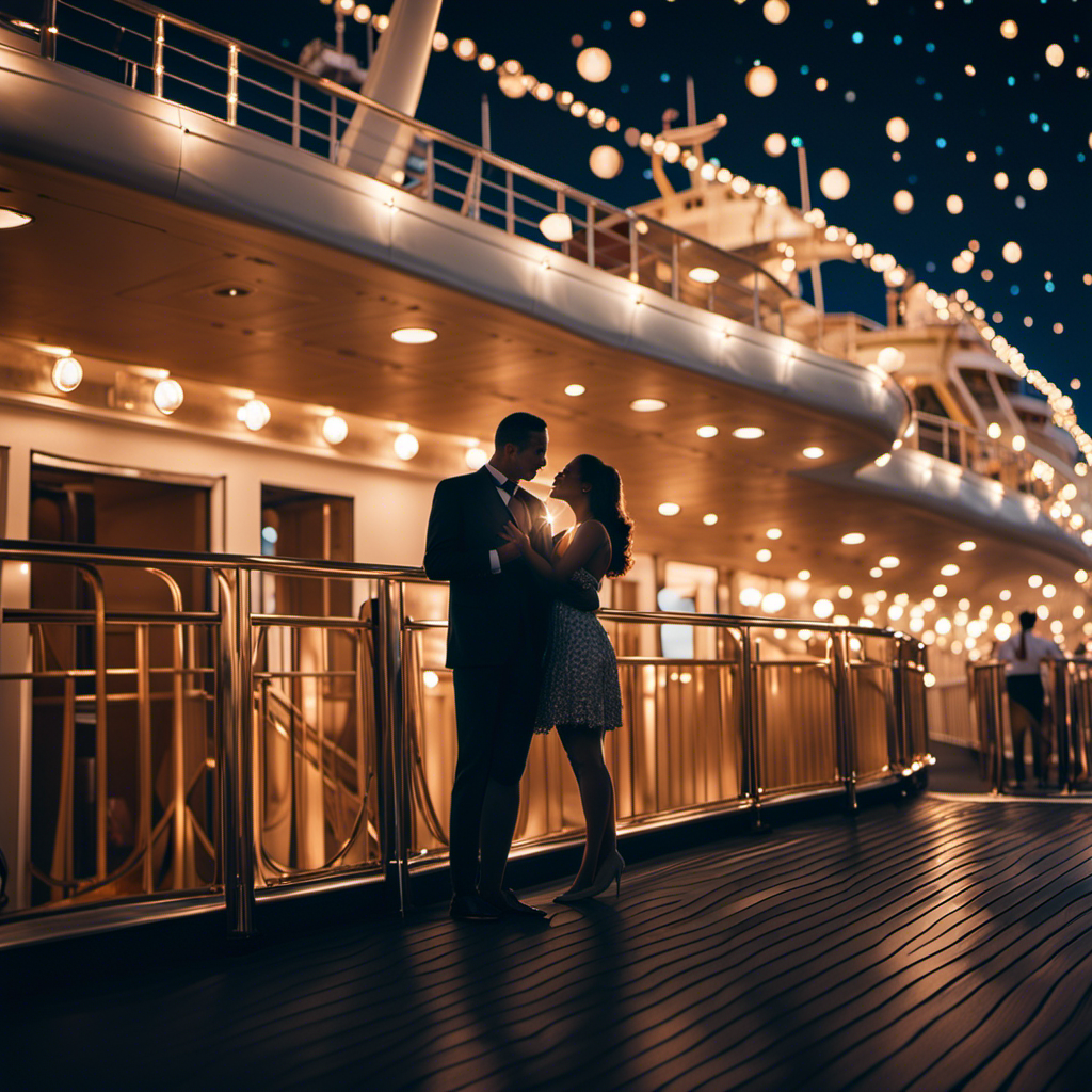 An image showcasing a moonlit deck of a luxurious cruise ship, adorned with twinkling lights, as a couple embraces passionately under a starry sky, hinting at the enchanting romantic escapes and hidden mysteries depicted in cruise ship movies