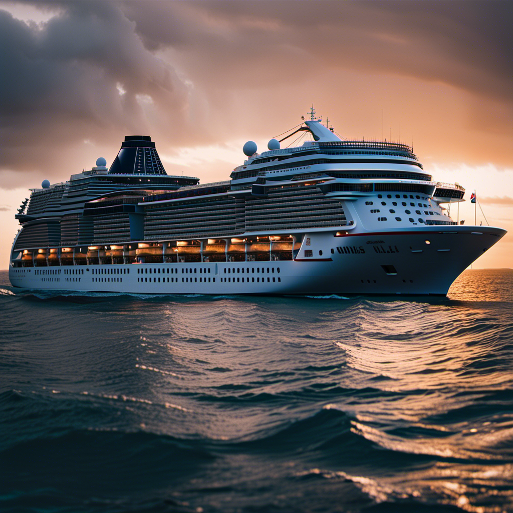 An image of a massive cruise ship, gently navigating through stormy waters, its towering structure illuminated by the glow of a setting sun