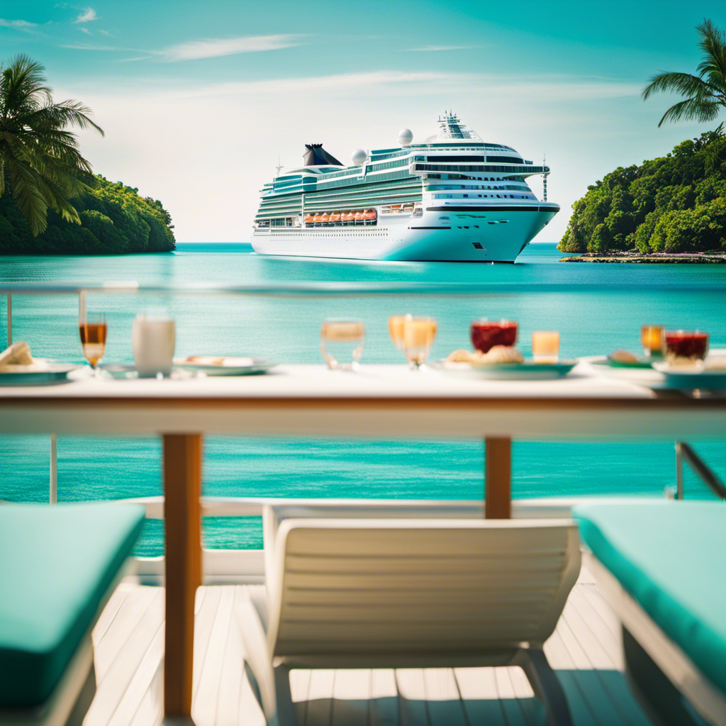 An image showcasing a majestic cruise ship sailing through crystal-clear turquoise waters, surrounded by lush tropical islands