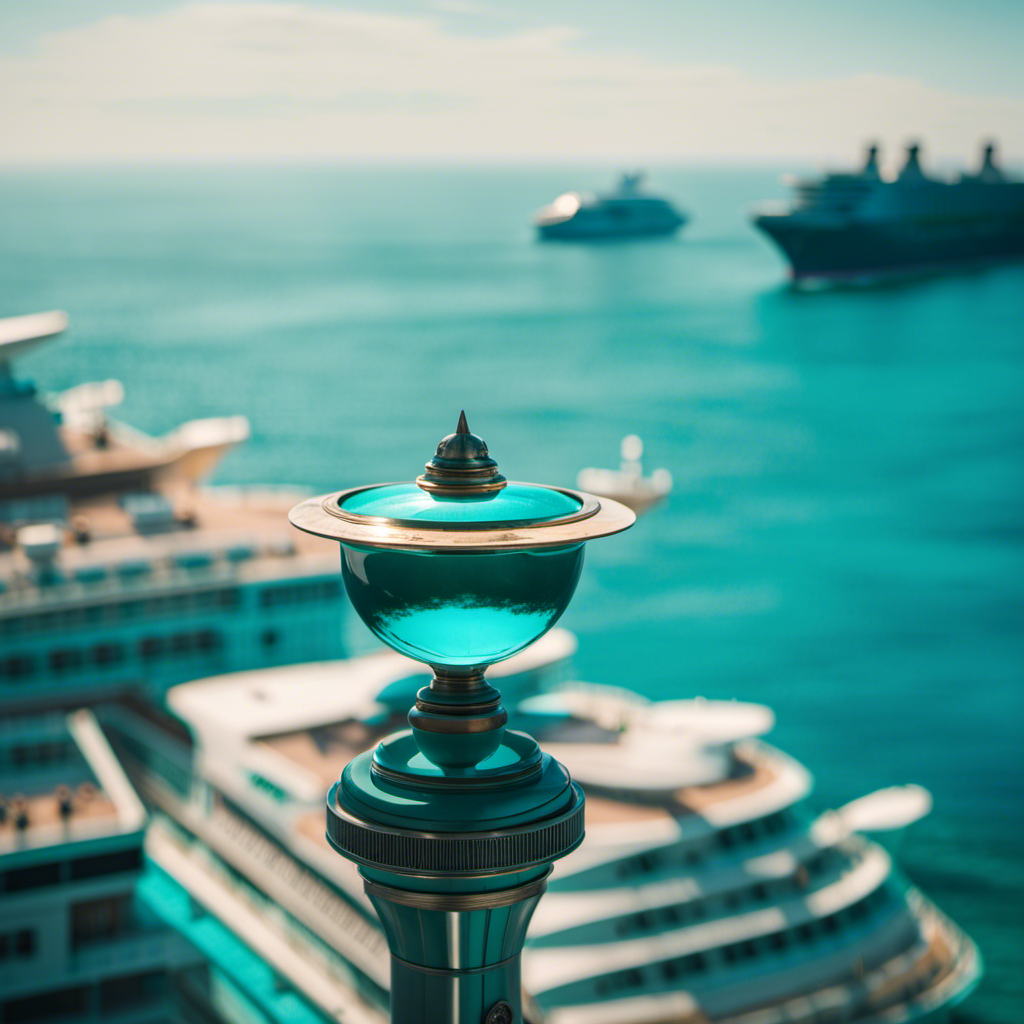 An image depicting a serene turquoise ocean with a large, imposing Omicron variant symbol hovering above a fleet of empty cruise ships, casting a shadow of uncertainty and concern