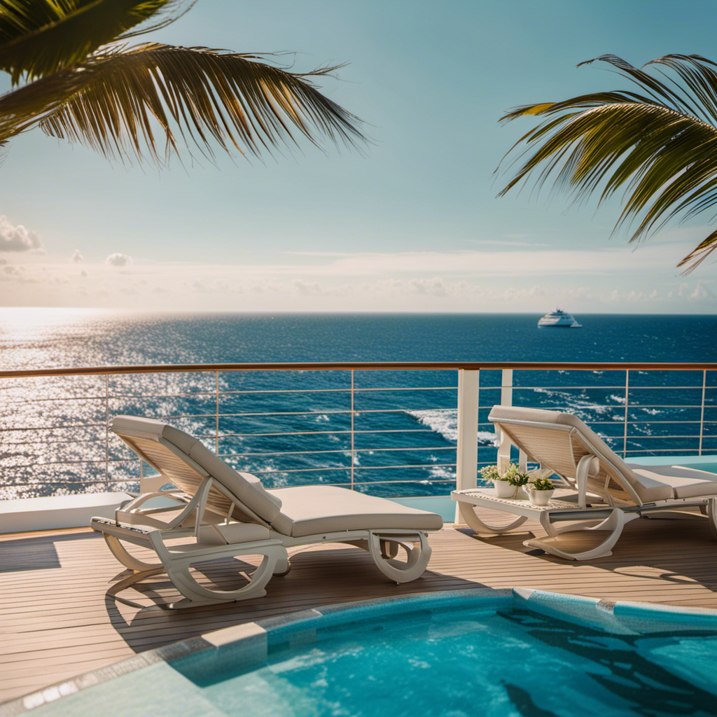 An image capturing the essence of Gary Hunter's incredible voyage: a sun-kissed deck adorned with palm-fringed loungers, azure waters stretching to the horizon, and a majestic cruise ship sailing towards adventure