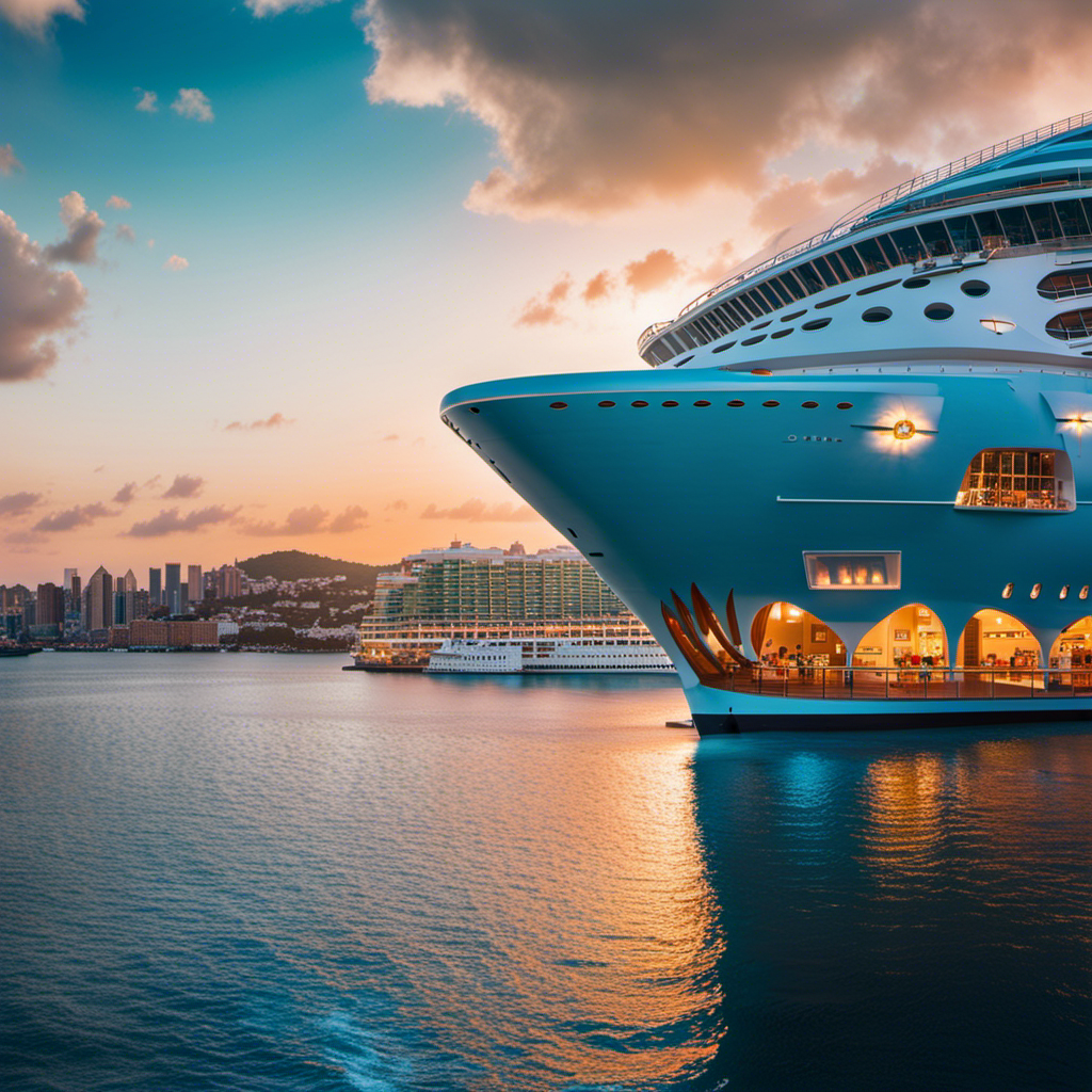 An image capturing the essence of a luxurious cruise vacation: a panoramic view of a sleek cruise ship adorned with sunlit decks, vibrant dining venues, and shimmering pools, surrounded by a cerulean ocean and a breathtaking sunset