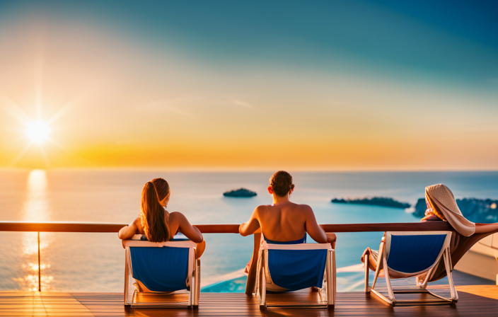 An image featuring a sun-kissed deck adorned with cozy loungers, colorful beach towels, and smiling passengers enjoying panoramic ocean views