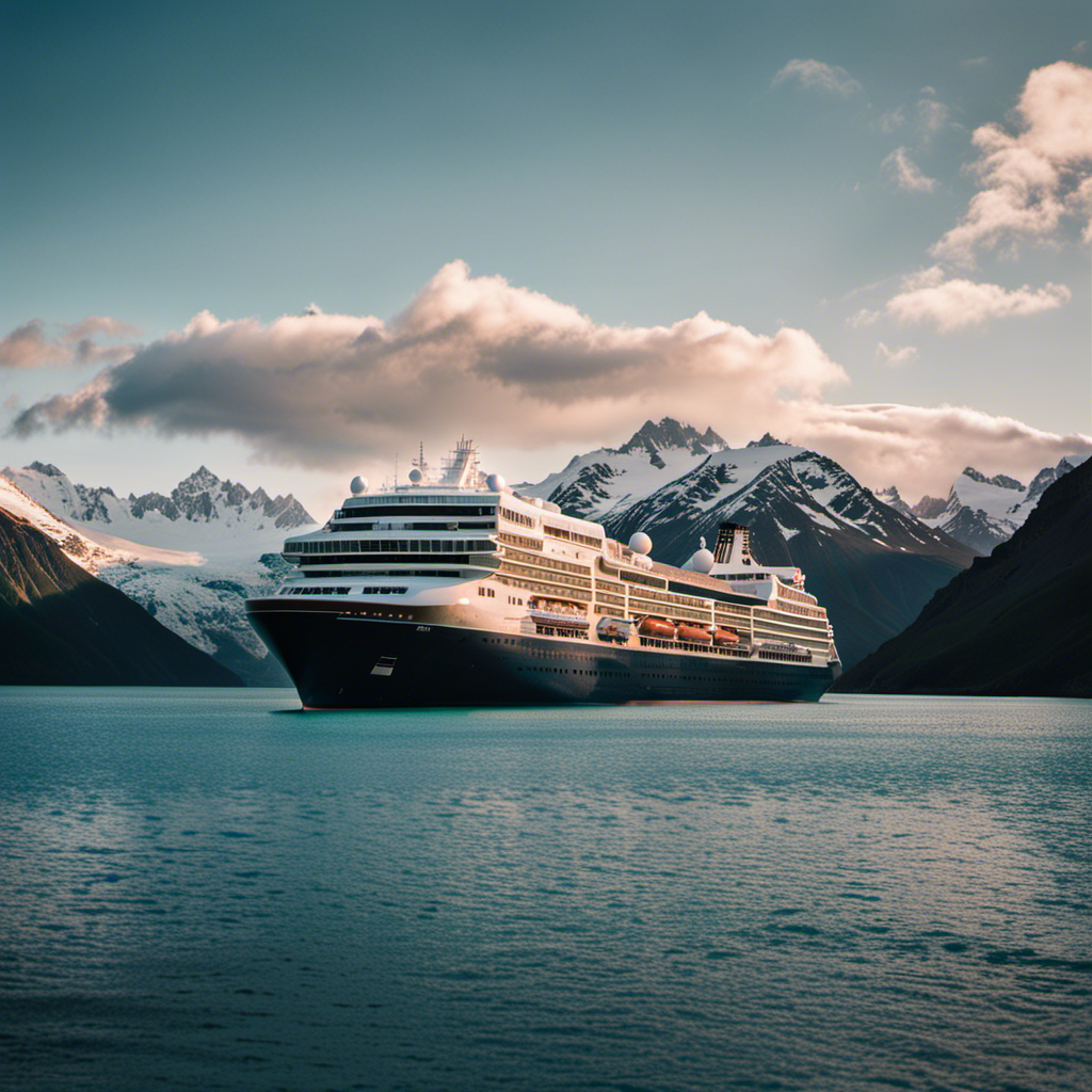 An image showcasing a luxurious cruise ship sailing through the crystal-clear waters of Glacier Bay, surrounded by towering snow-capped mountains and majestic glaciers, as the sun sets behind the breathtaking Denali National Park