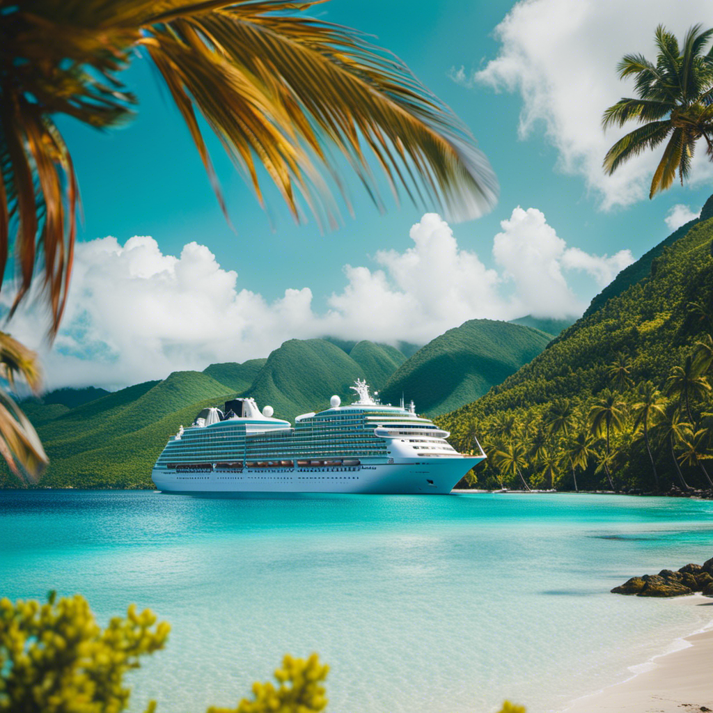 An image showcasing a luxurious cruise ship sailing through crystal-clear turquoise waters, surrounded by vibrant coral reefs teeming with colorful tropical fish
