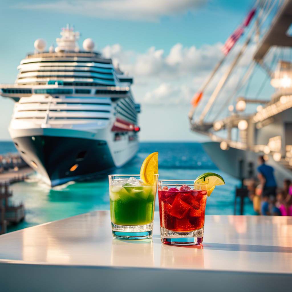 An image featuring two contrasting cruise ships side by side, with Holland America's ship showcasing a vibrant and diverse array of drinks, while Virgin Voyages' ship exhibits unconventional and surprising features