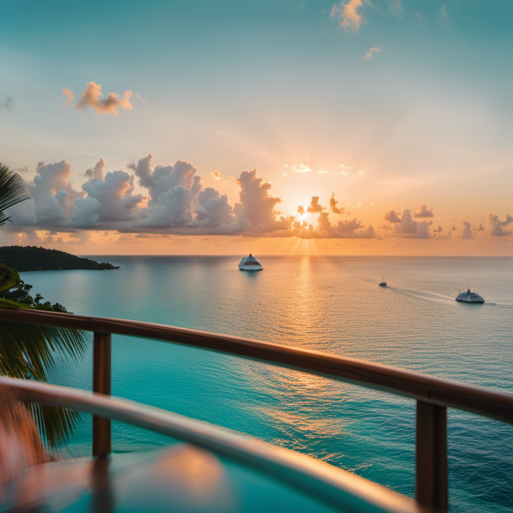An image showcasing a vibrant Caribbean sunset on the horizon, with a luxurious cruise ship sailing through crystal-clear turquoise waters, surrounded by lush tropical islands, and a serene yoga session taking place on the deck