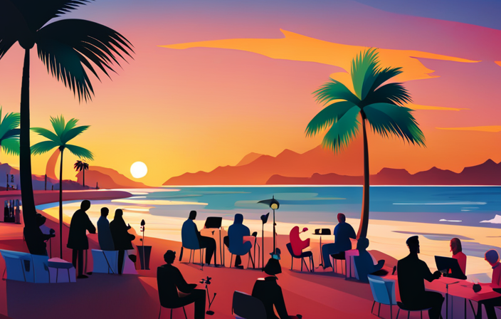 An image featuring a vibrant sunset over a pristine California beach, where palm trees sway gently in the ocean breeze