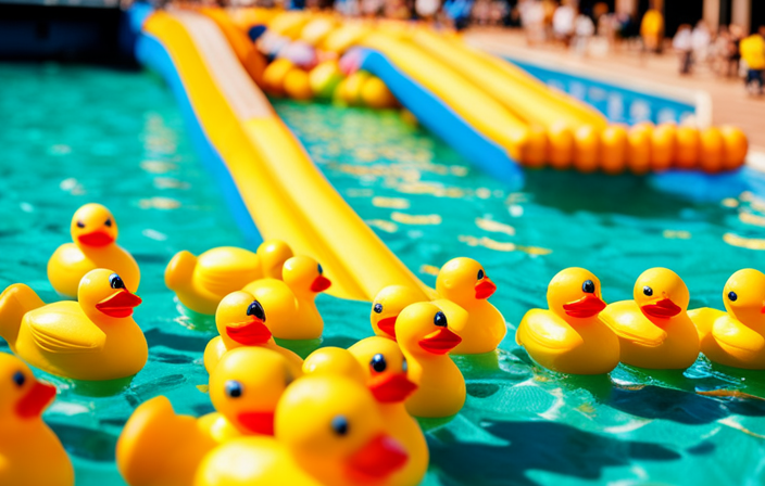 An image capturing the excitement of cruising ducks: a vibrant deck with a line of playful rubber ducks floating in the ship's pool, their colorful hues reflecting off the sparkling water, surrounded by joyful passengers